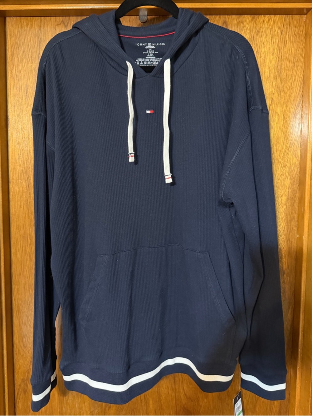 Tommy Hilfiger Navy Hooded Waffle Pullover with White Accents